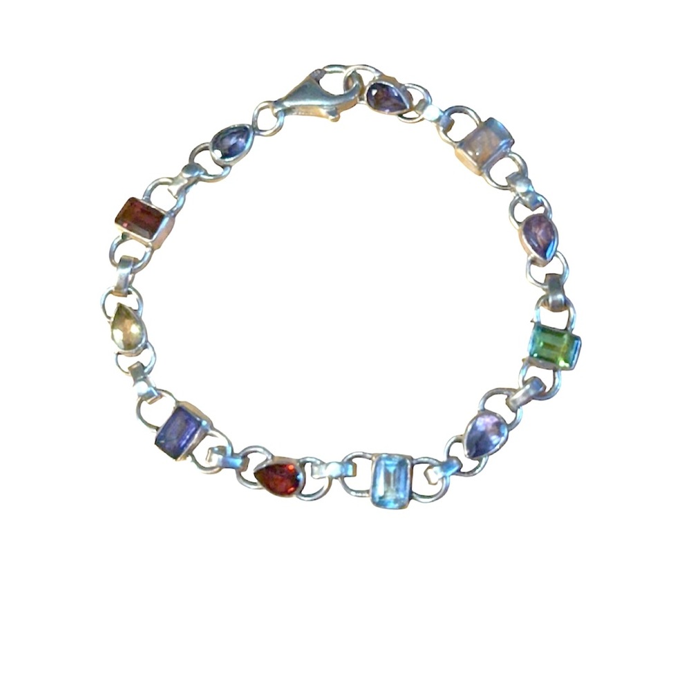 Vintage Sterling Silver Multicolor Gemstone Silver Bracelet. For small wrists.